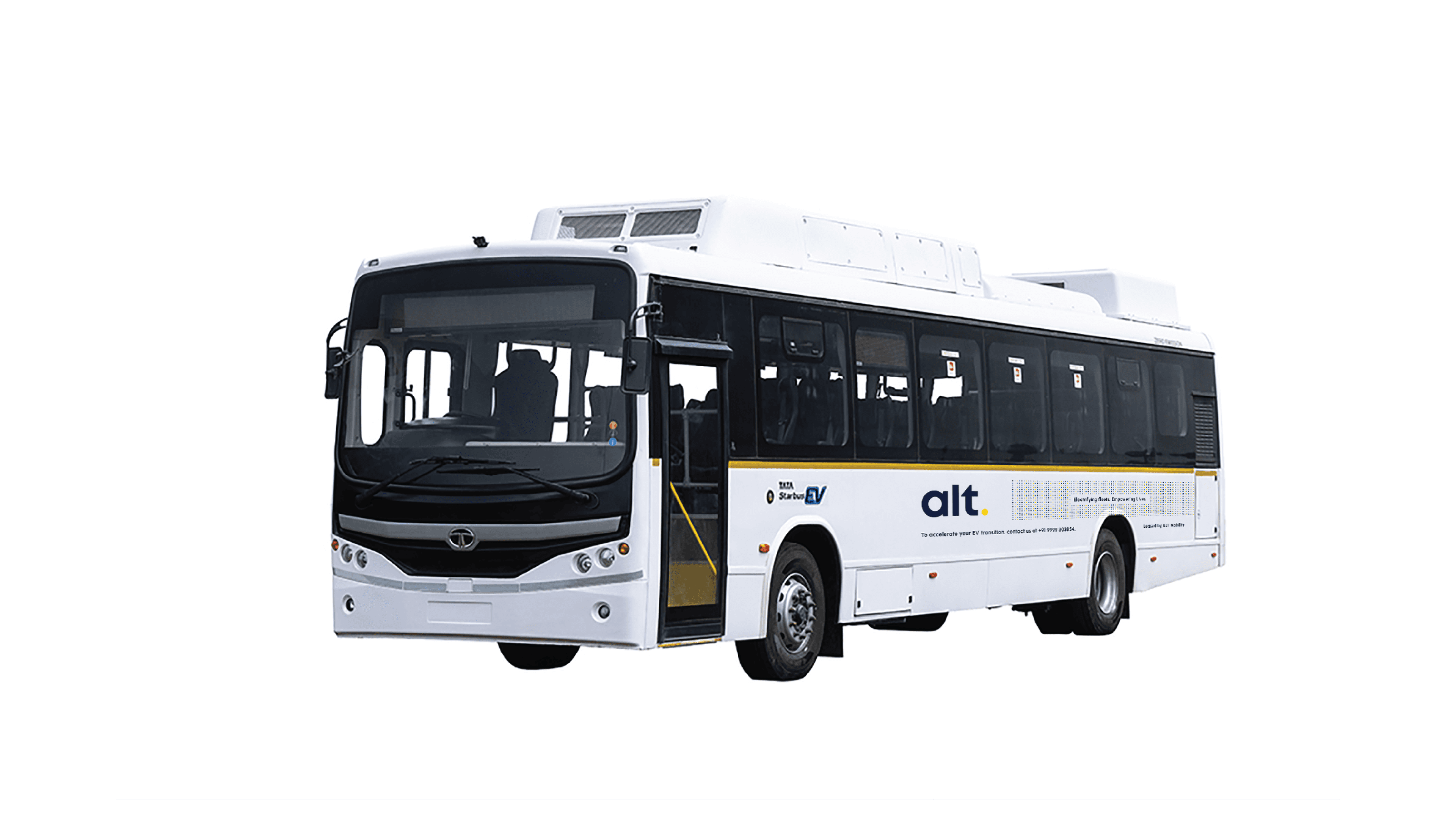 Vehicle livery -- ALT-branded electric bus with white body and navy-yellow identity system