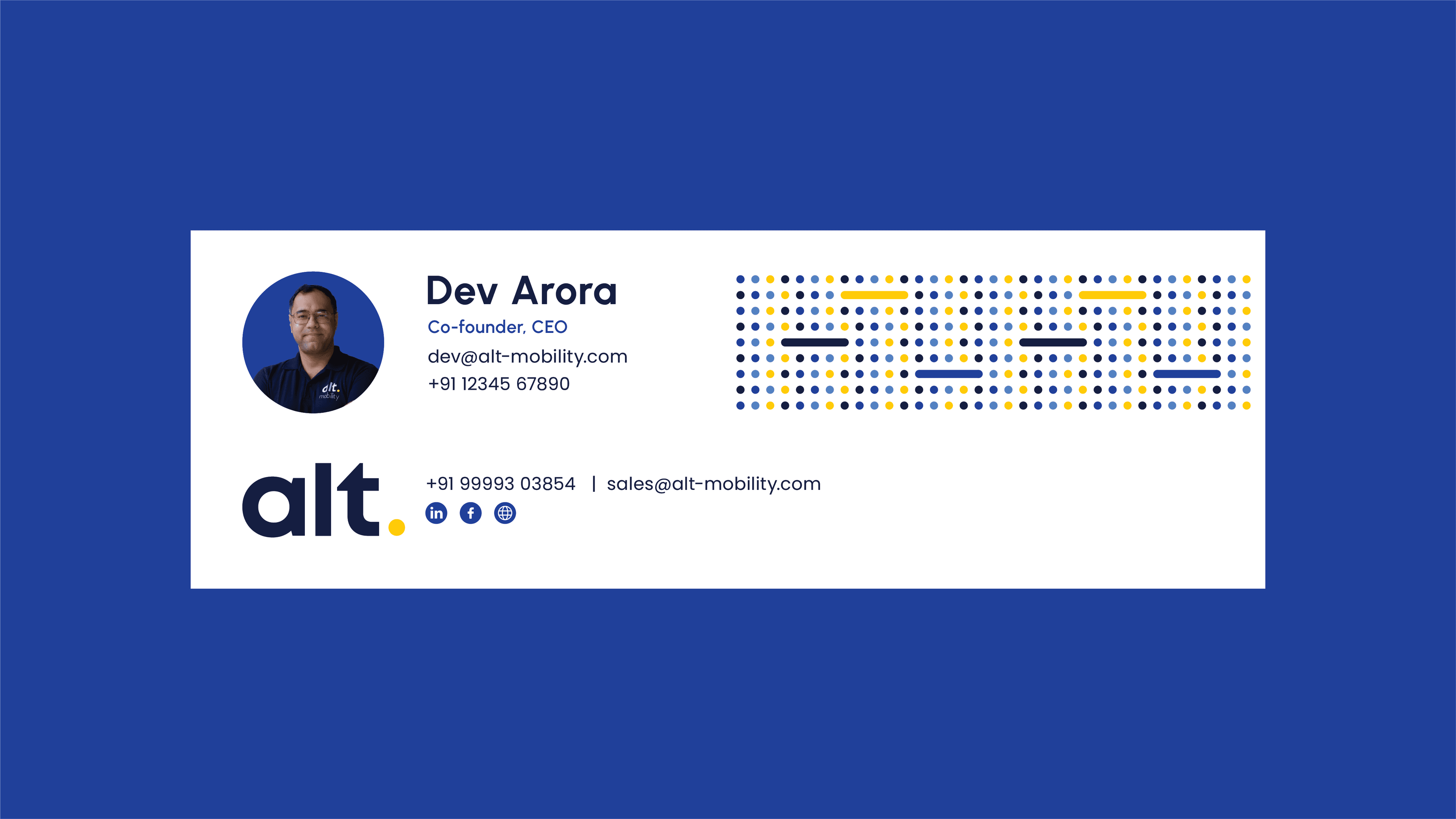 Business card design -- navy background, photo cutout, halftone pattern accent, yellow dot logo