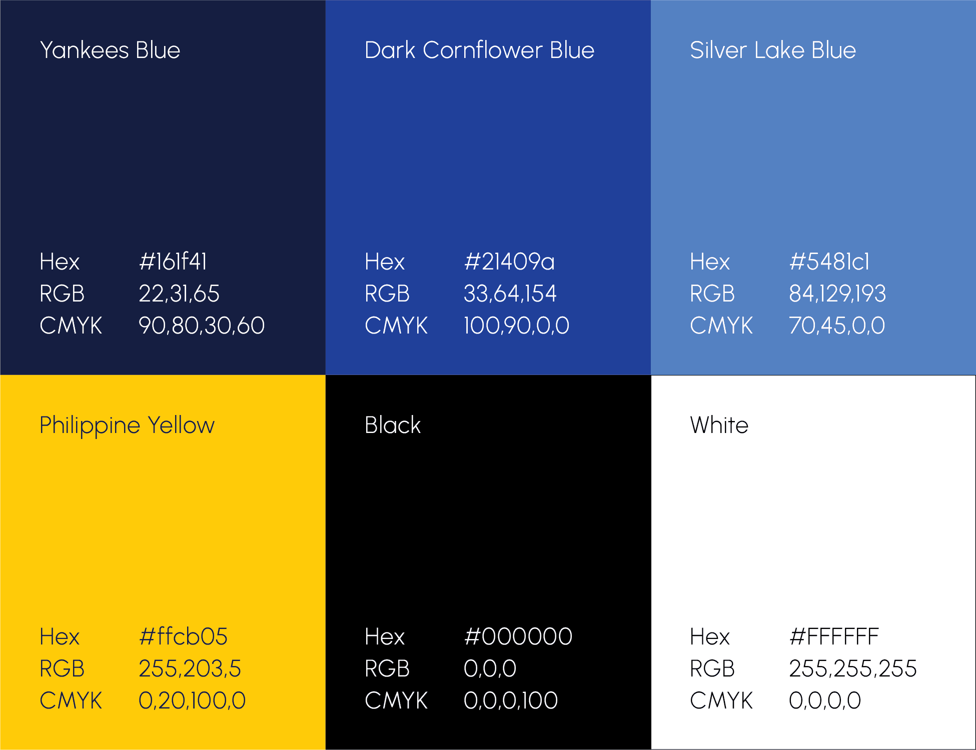 Primary palette -- Yankees Blue, Dark Cornflower, Silver Lake Blue, Philippine Yellow, Black, White with HEX/RGB/CMYK
