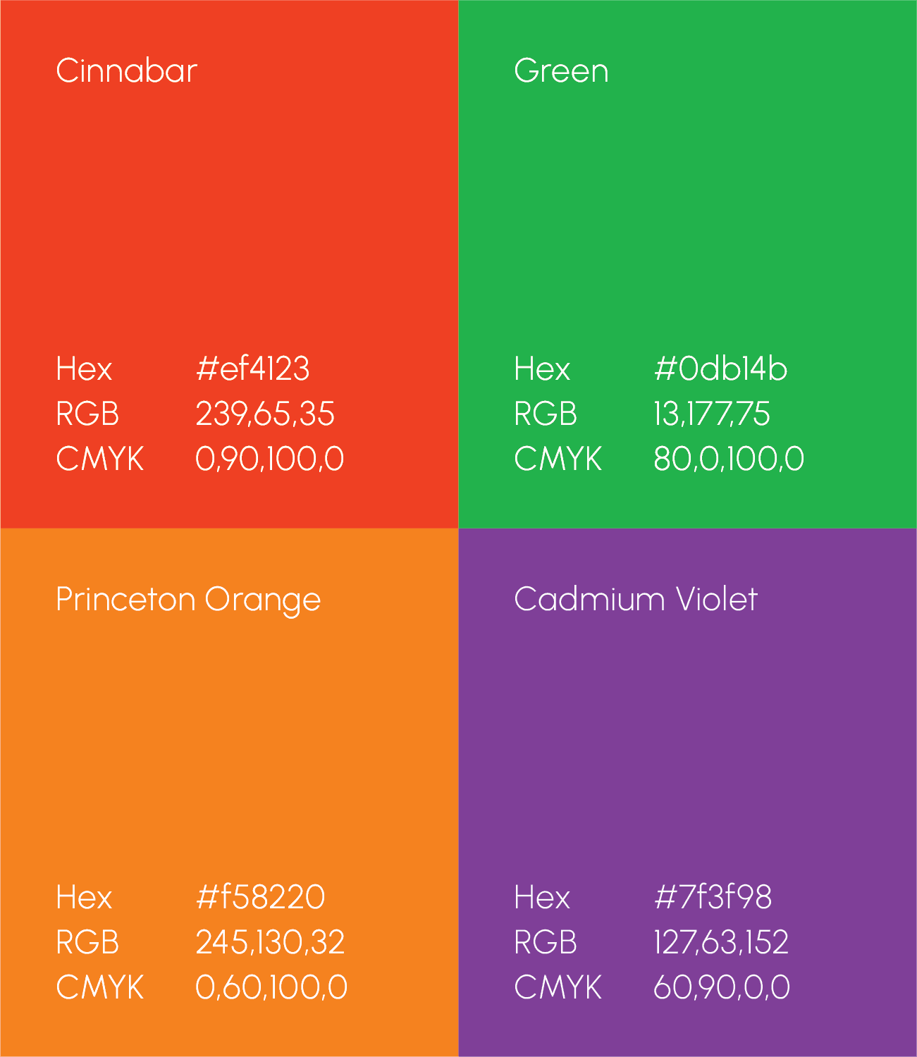 Secondary palette -- Cinnabar, Green, Princeton Orange, Cadmium Violet for data and category coding