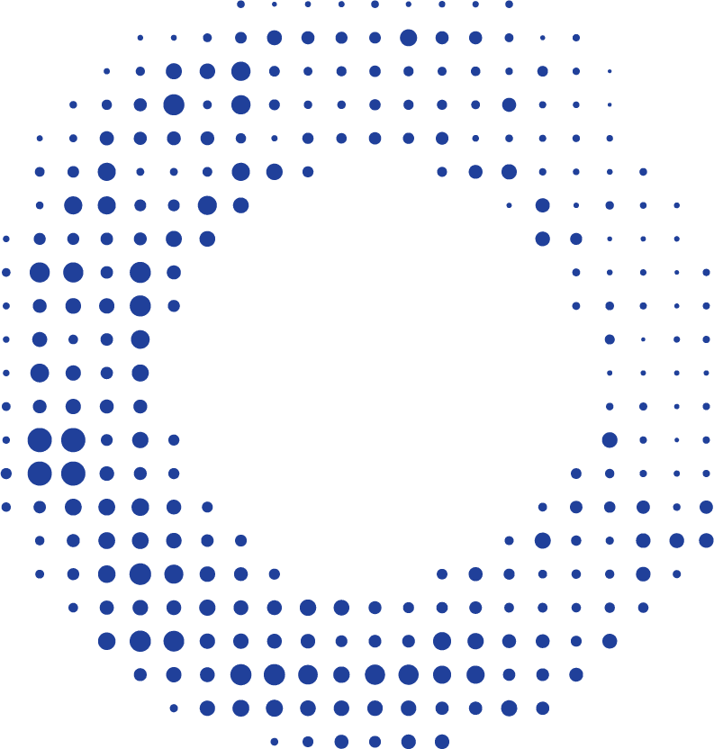 Signature halftone globe pattern -- varying dot sizes forming a world map in navy blue