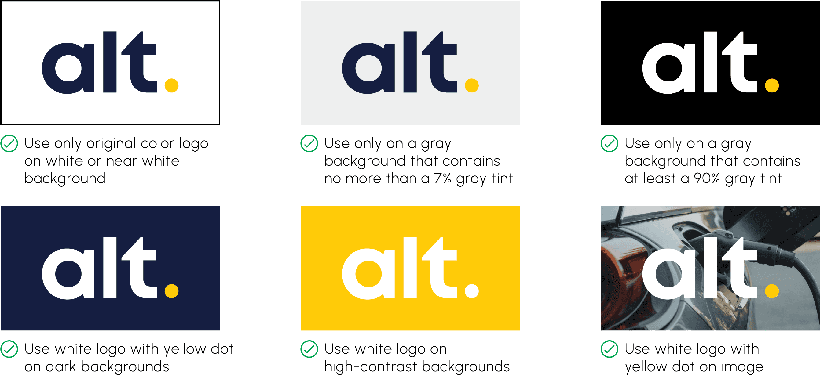 Logo usage matrix -- six application contexts from white to dark to photographic backgrounds