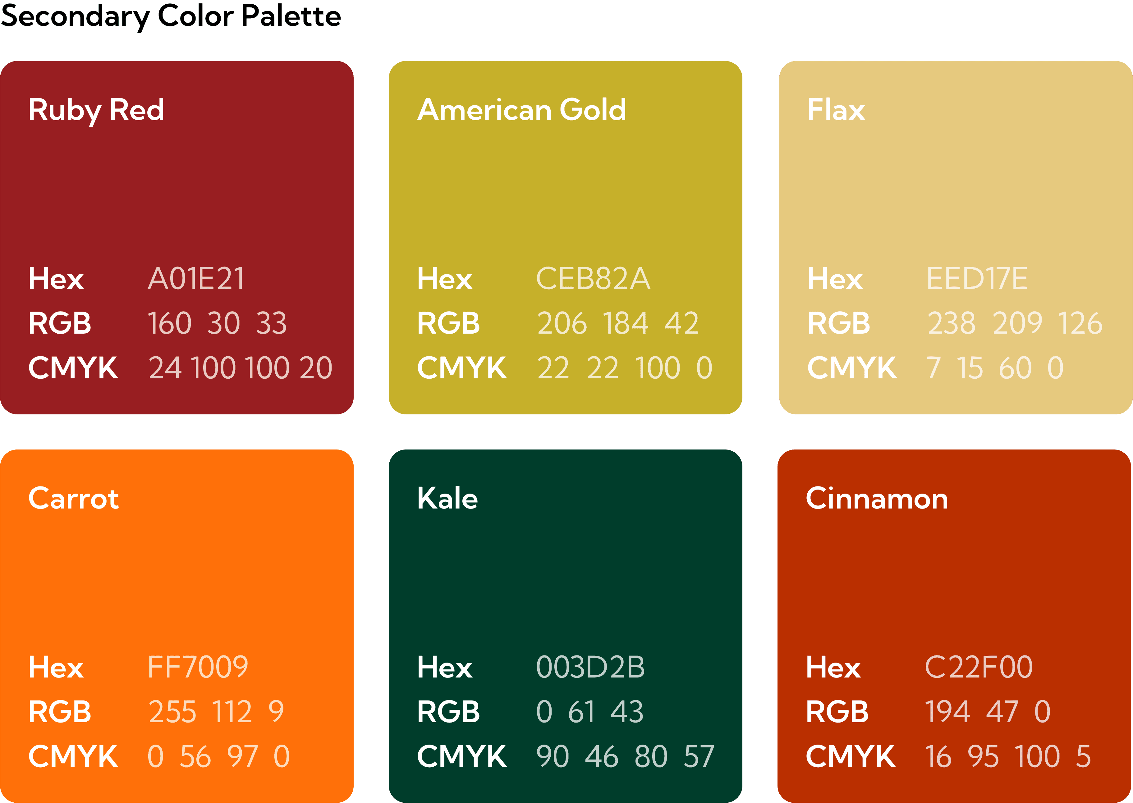 Secondary palette -- Ruby Red, American Gold, Flax, Carrot, Kale, Cinnamon for packaging and campaigns