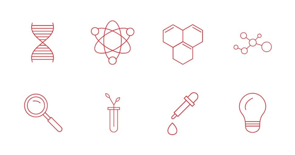 Custom pharmaceutical icon set — DNA, molecules, lab instruments