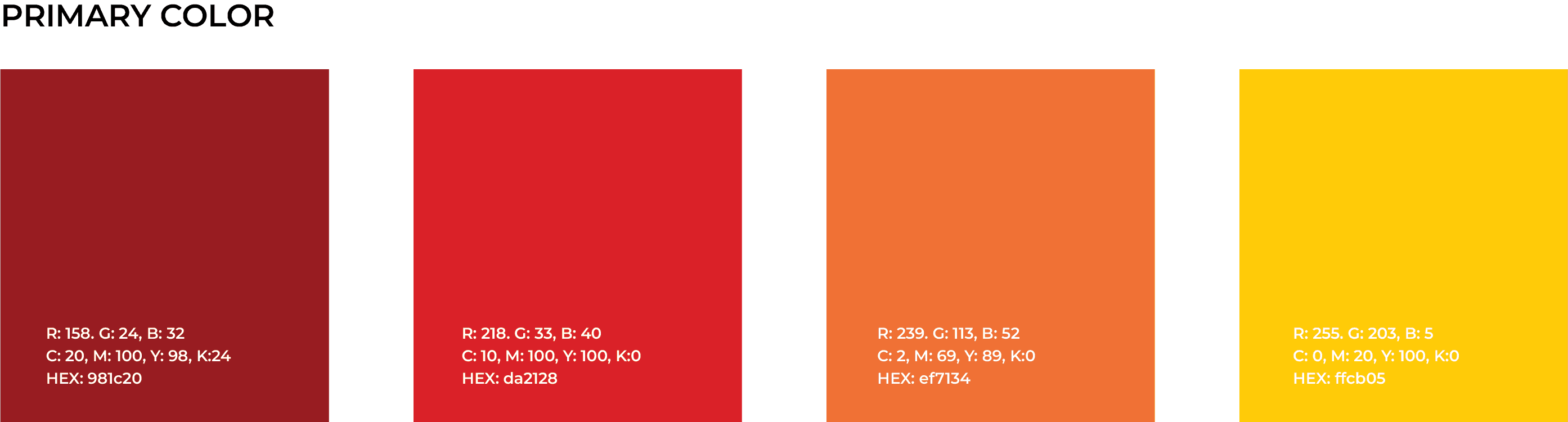 Primary color system — Maroon #981c20, Red #da2128, Orange #ef7134, Yellow #ffcb05 with full RGB and CMYK specs