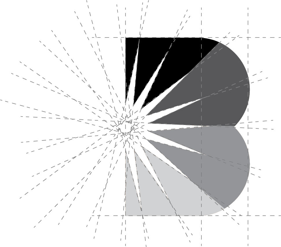 Logo construction — geometric 'B' mark built on radial grid lines with precise angular proportions