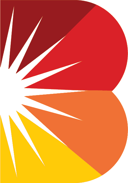 Final 'B' mark — four-quadrant sunburst in maroon, red, orange, and golden yellow