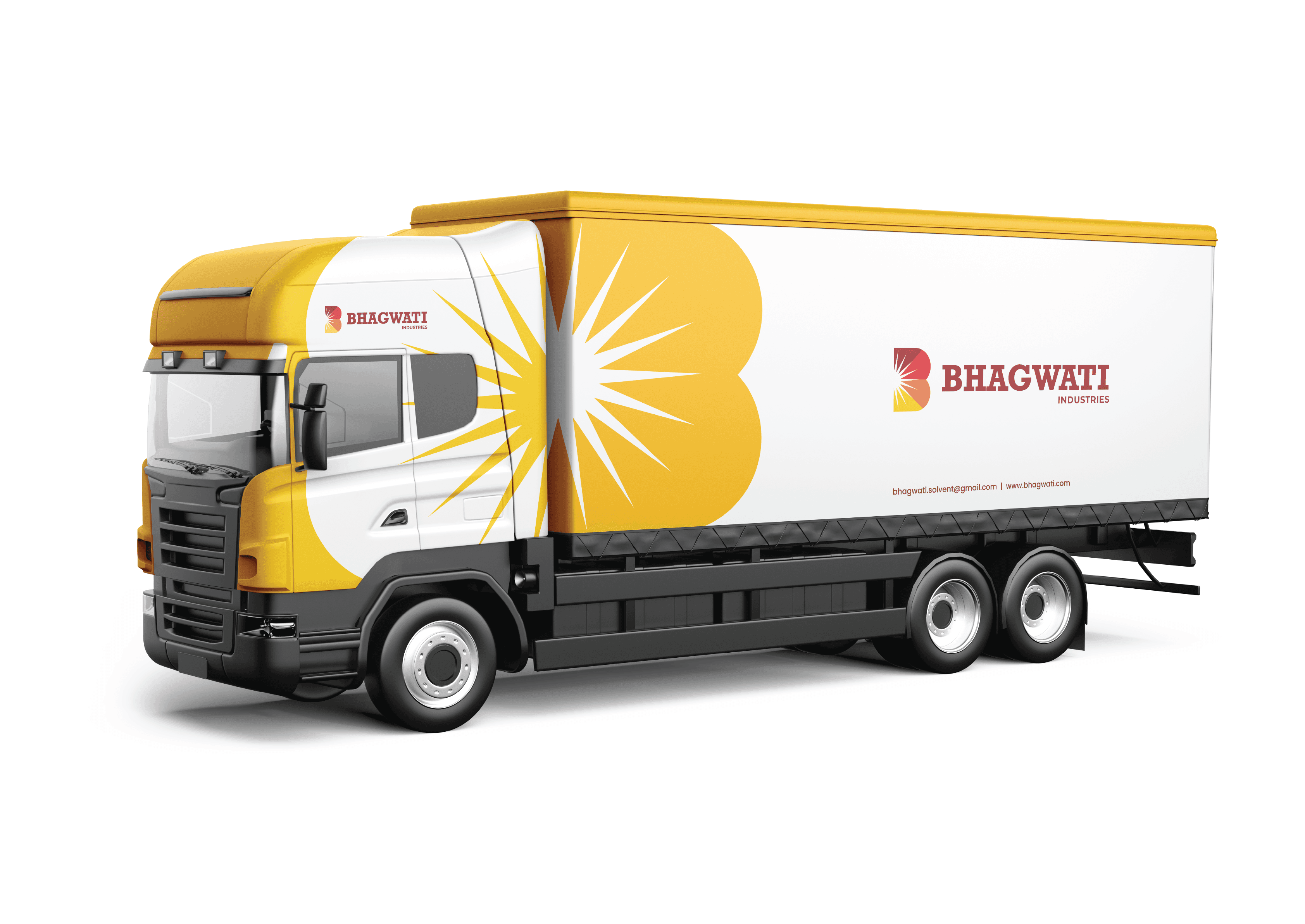 Fleet truck wrap — oversized yellow 'B' pattern with brand lockup on white trailer
