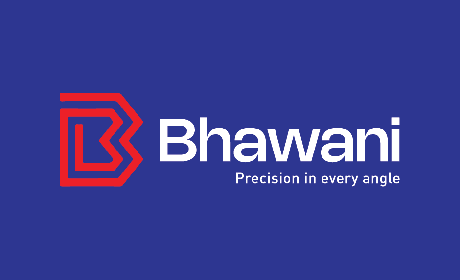 Primary brand presentation — red angular 'B' mark with white 'Bhawani' wordmark and tagline on deep indigo