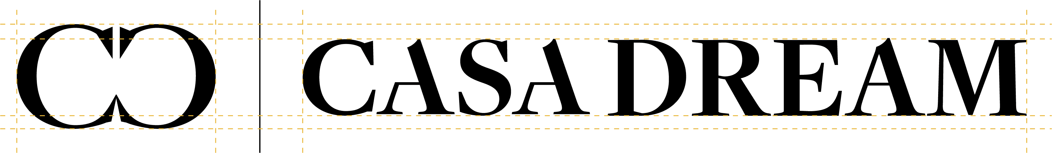 Logo construction grid — golden dashed guidelines mapping exact proportions between monogram and wordmark