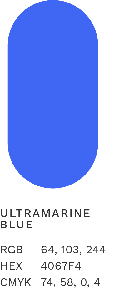 Ultramarine Blue #4067F4 — primary brand color with RGB, HEX, and CMYK specifications