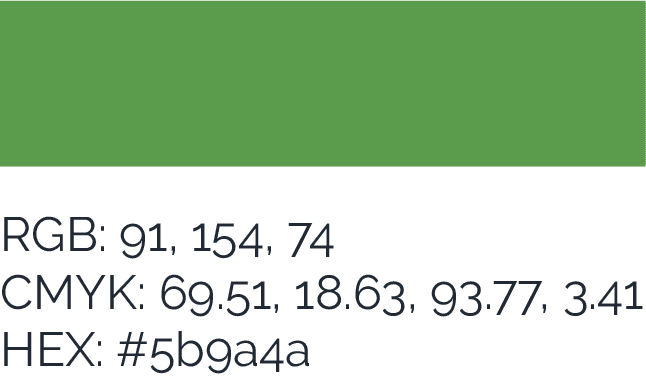 Primary green (#5b9a4a) -- brand color with RGB, CMYK, and HEX specifications