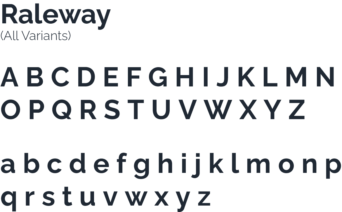 Primary typeface -- Raleway in all variants, full uppercase and lowercase alphabet