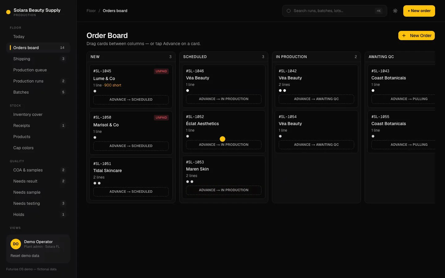 Futurise Factory: the order board, an order moving from new to scheduled to in production