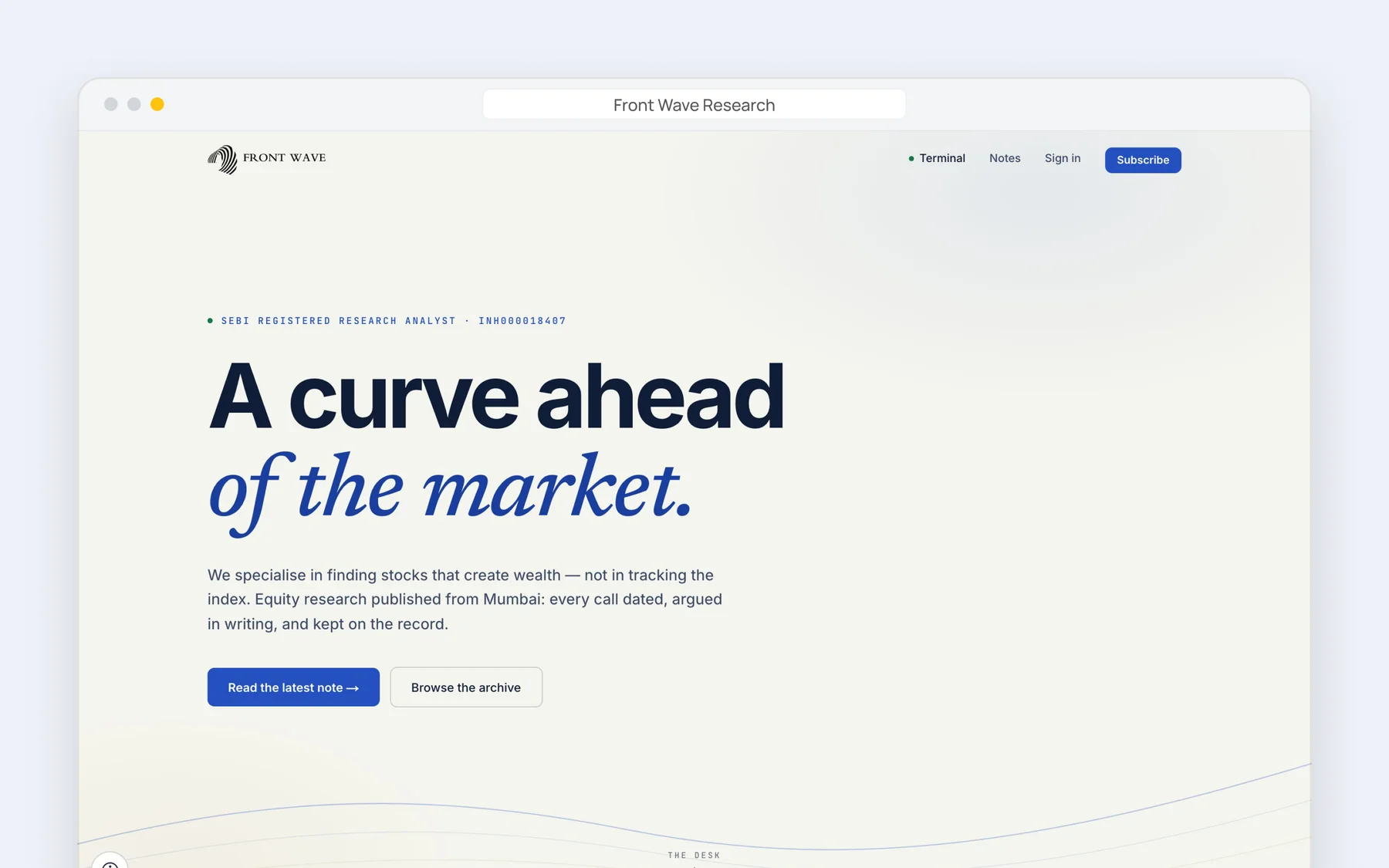 Front Wave Research website homepage in a browser window