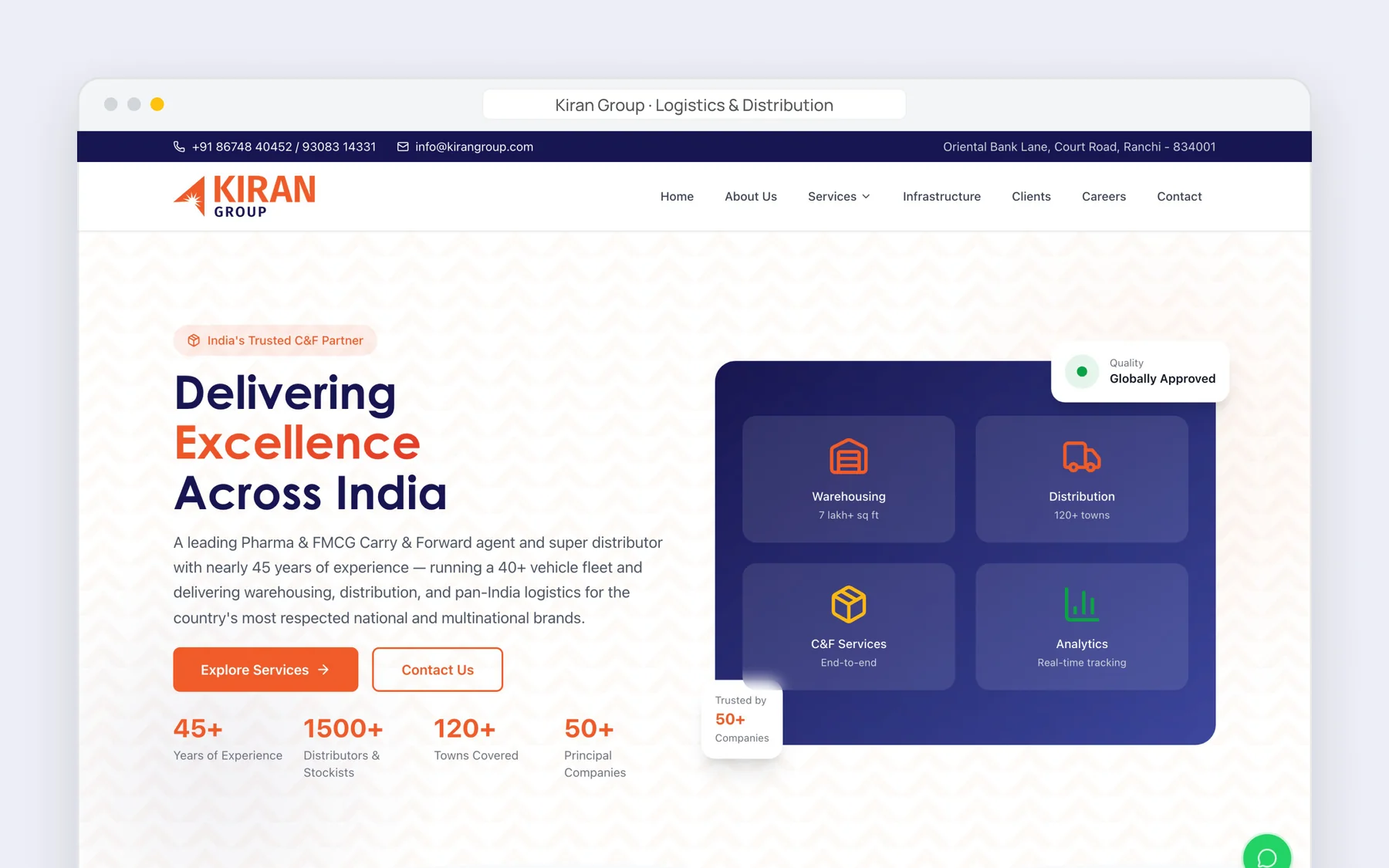 Kiran Group logistics and distribution website in a browser window