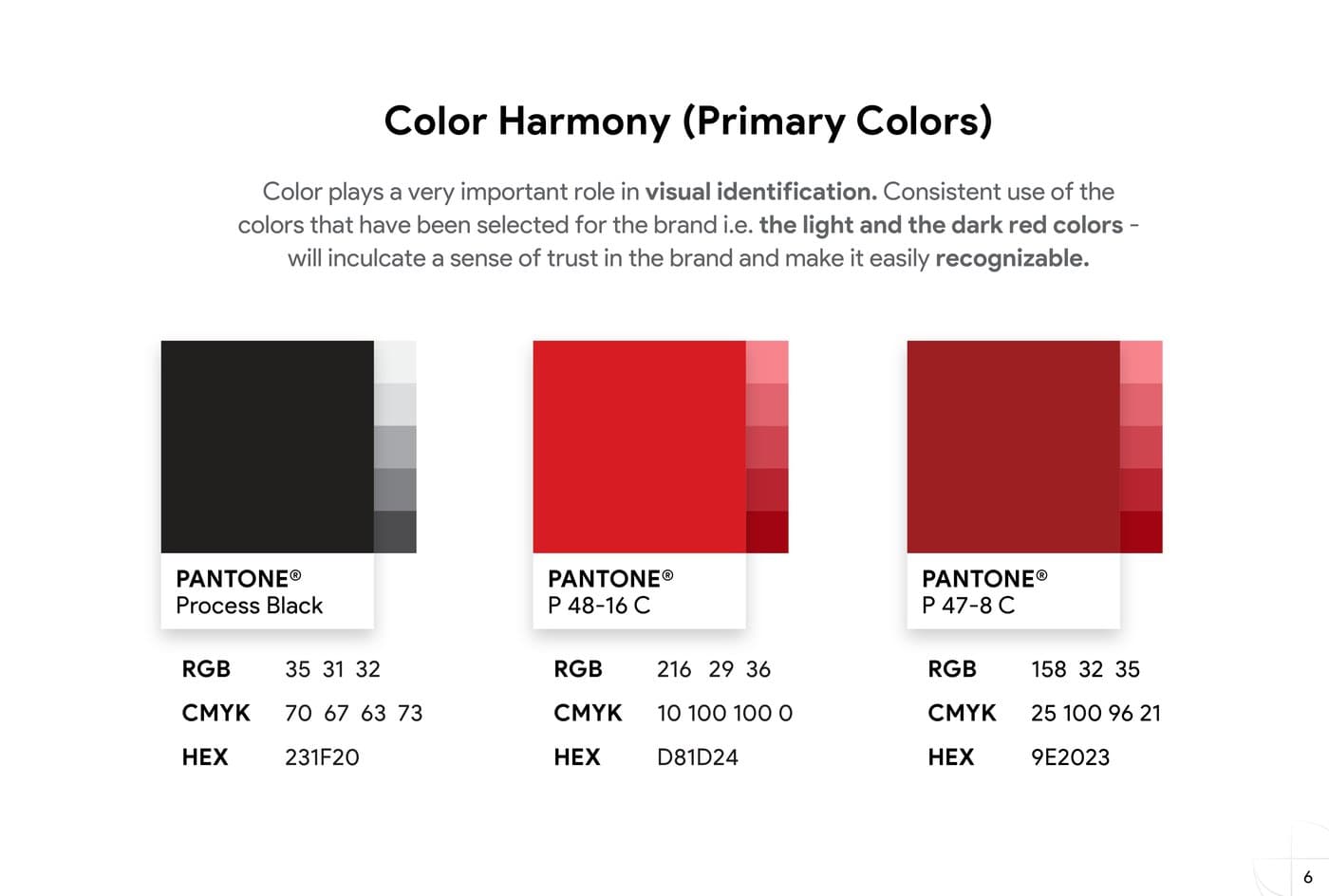 Color system with Pantone, RGB, CMYK, and HEX specifications
