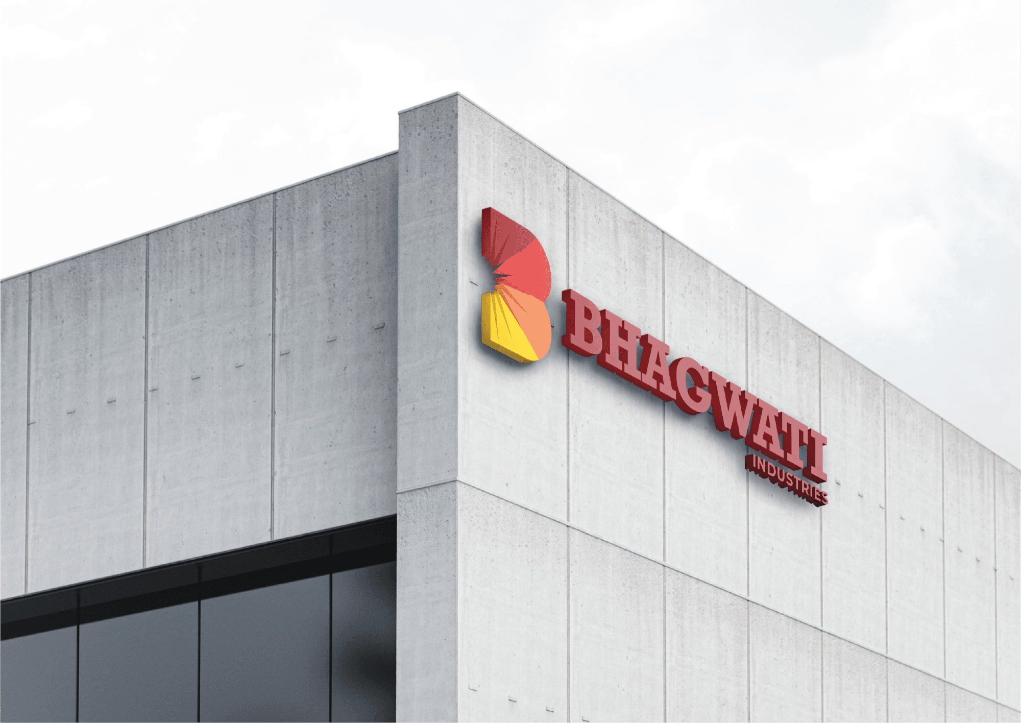 Building facade mockup — full-color 3D logo on concrete industrial exterior