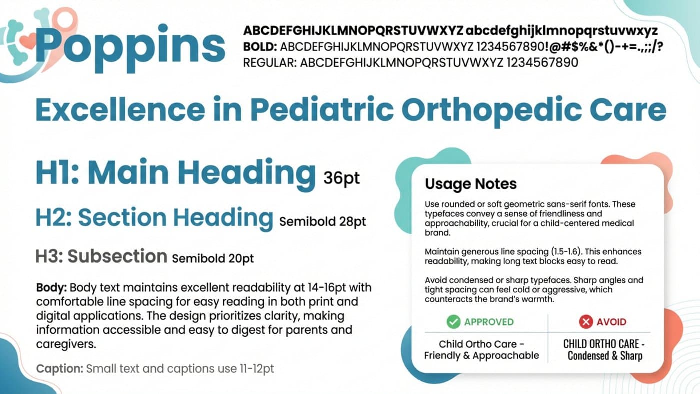 Typography — Poppins family with heading hierarchy