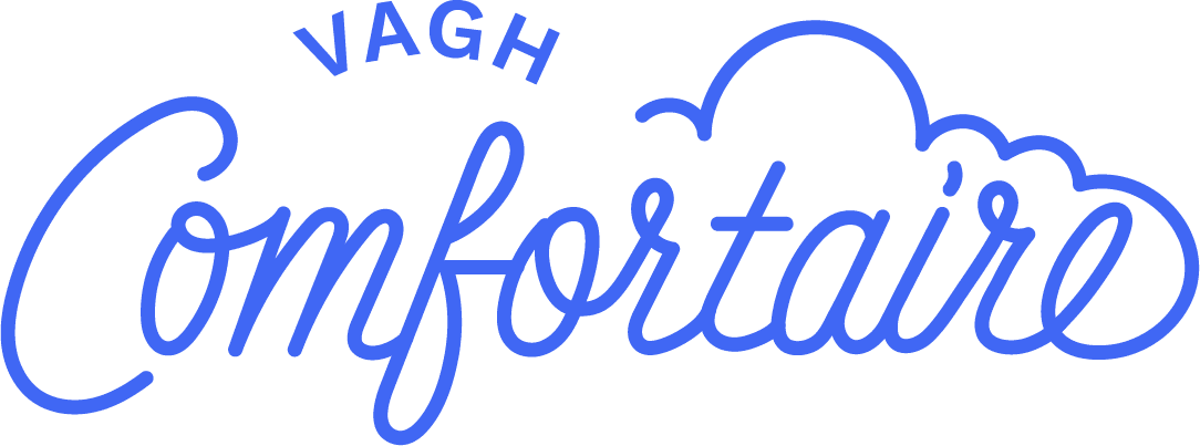 Primary logo — custom hand-lettered 'Vagh Comfortaire' script with integrated cloud motif in Ultramarine Blue