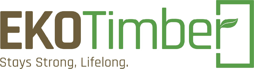 Primary logo -- 'EKO' in warm brown, 'Timber' in green with bracket-leaf icon and tagline