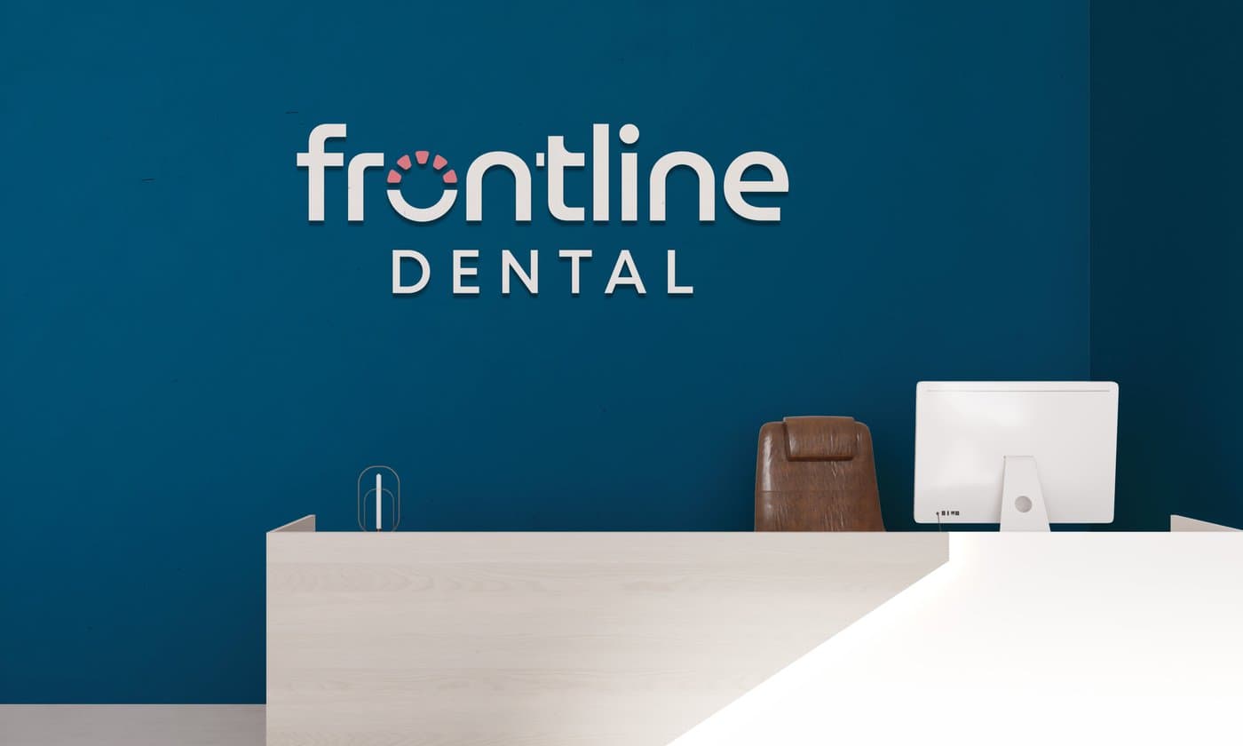 3D reception desk mockup with logo on wall