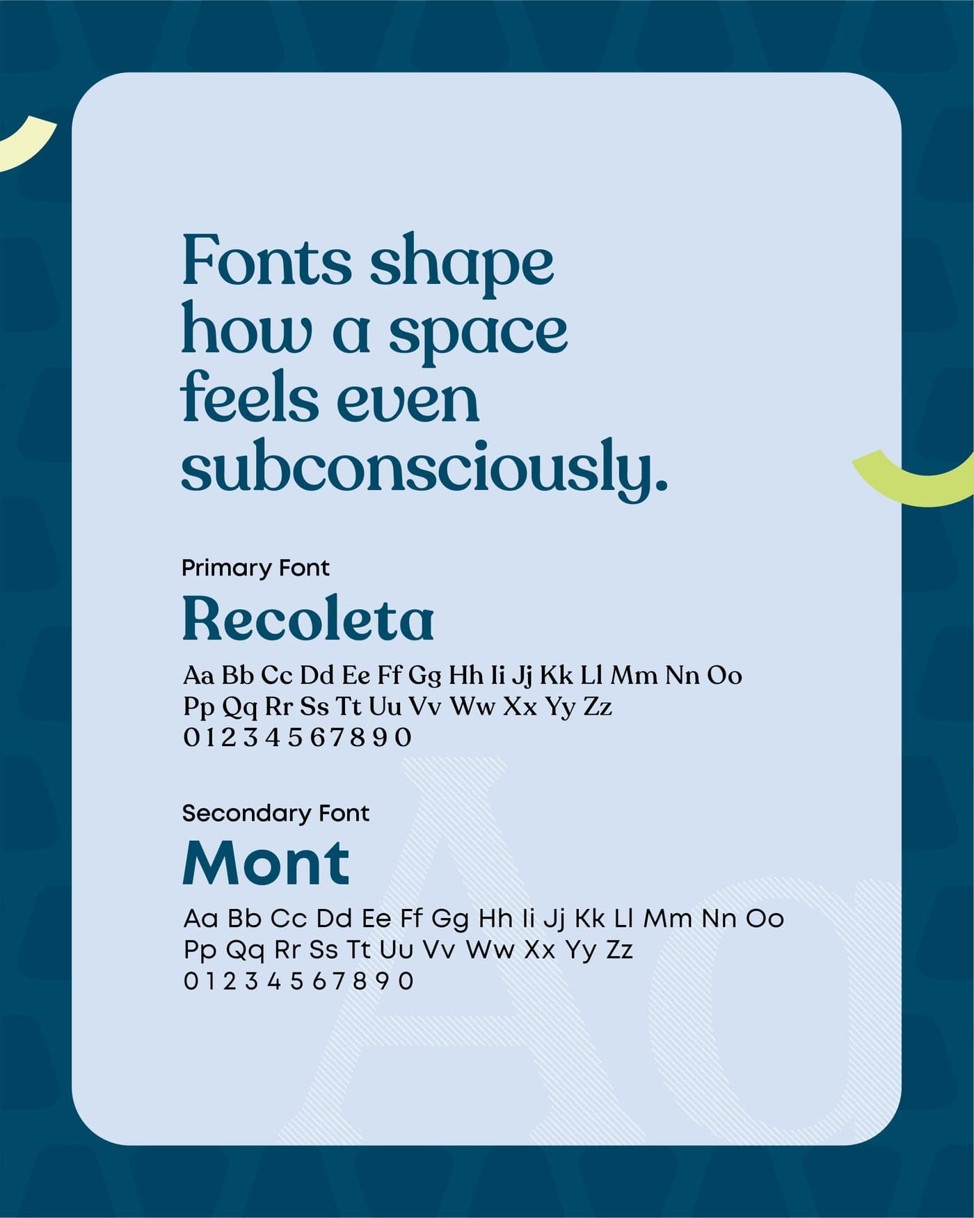 Typography — Recoleta (primary) + Mont (secondary)