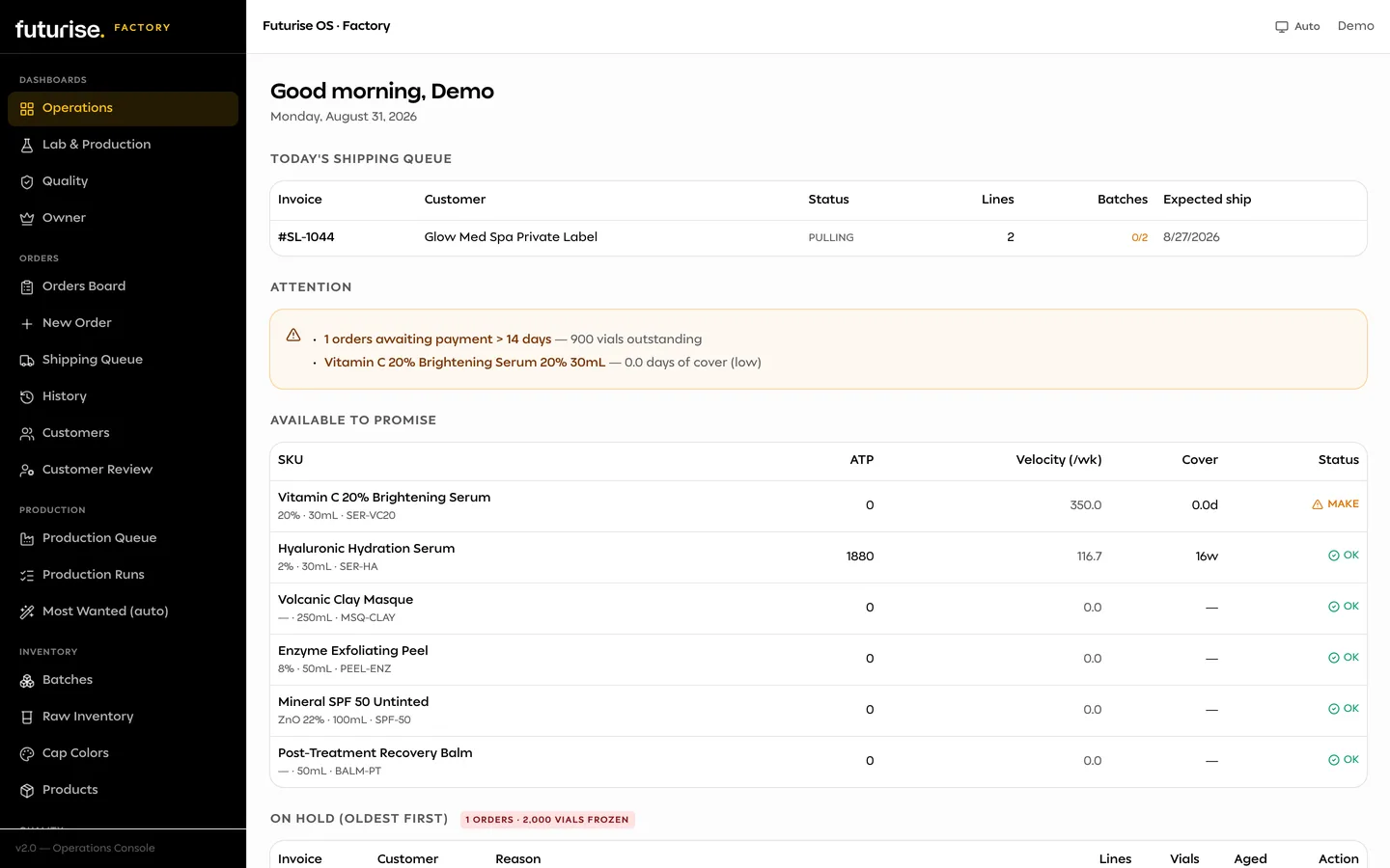 Futurise OS — production tracker demo: shipping queue and available-to-promise board