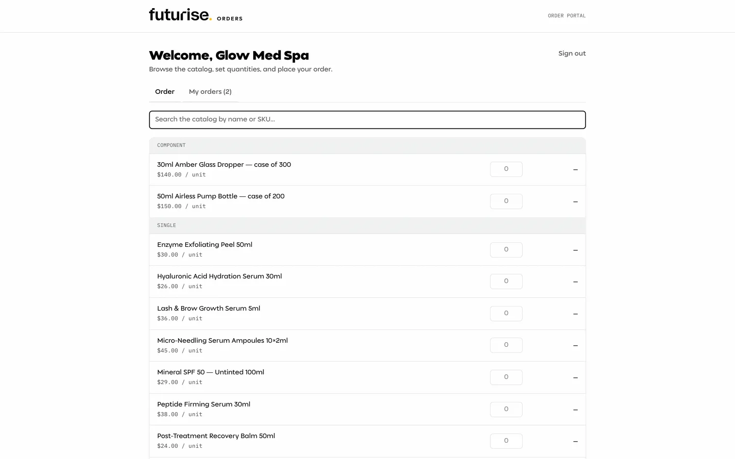 Futurise OS — wholesale order portal demo: account catalog with pricing