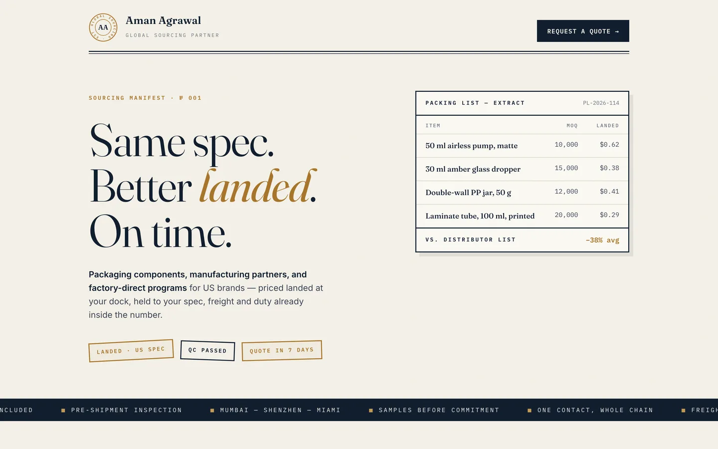 Global sourcing partner — one-page manifest